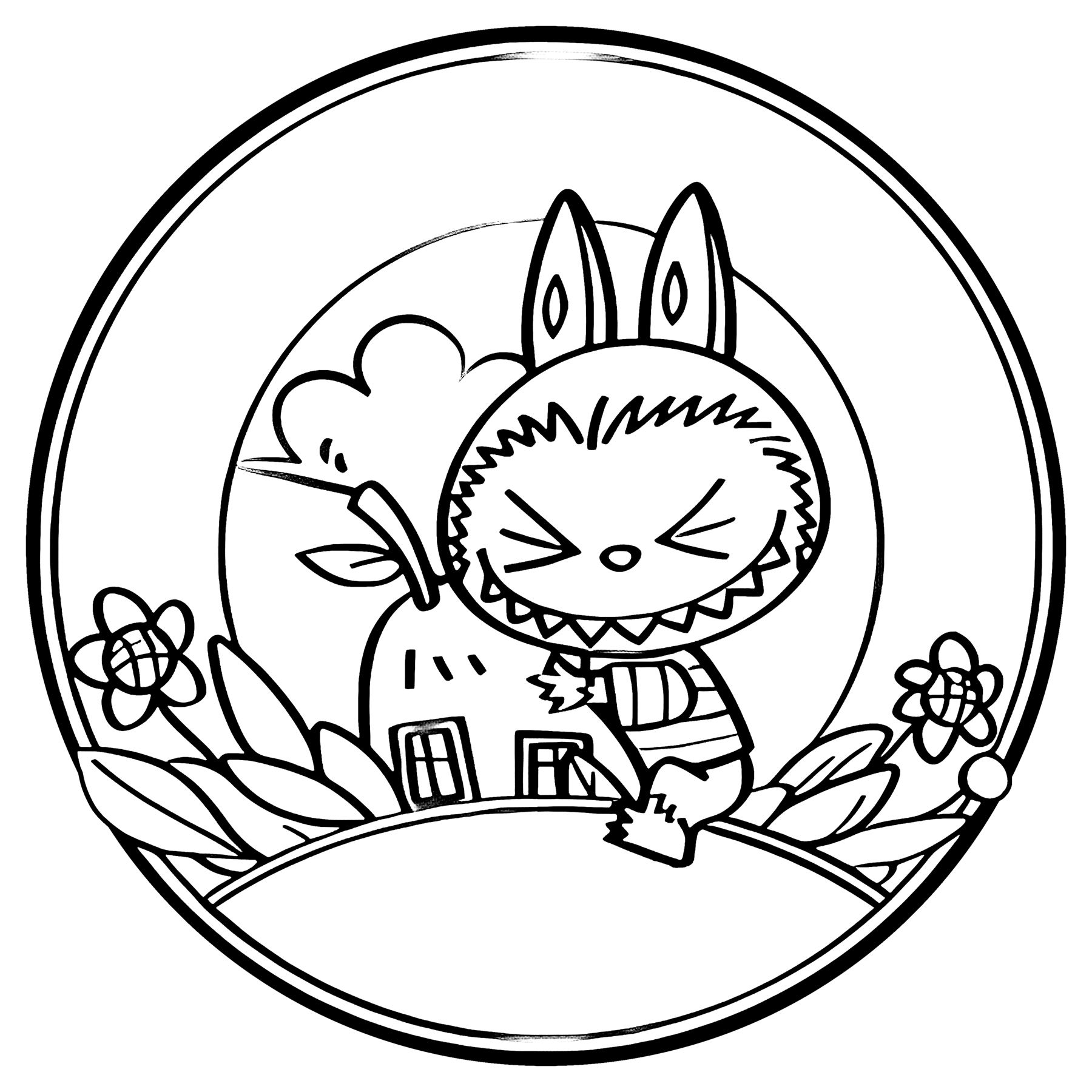 Labubu with pear framed design, line art for coloring